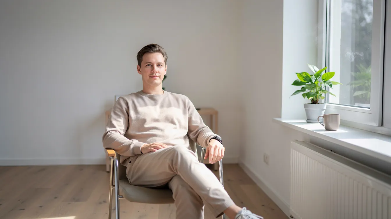A person sits calmly in a bright, minimally furnished room, holding a coffee mug, with a small plant on the windowsill, creating a stress-free environment that promotes mental well-being and self-care during significant life changes like moving to a new city. The simplicity of the space offers emotional support and a positive mindset, helping to alleviate the emotional challenges often associated with moving.
