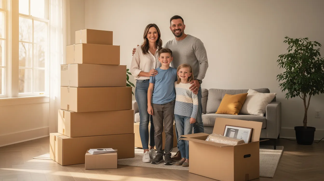 A family stands together in a sunlit living room filled with stacked moving boxes, symbolizing the emotional challenges and stress of moving house. Their presence reflects a positive mindset as they prepare for this significant life change, embracing the new environment and the support of one another.