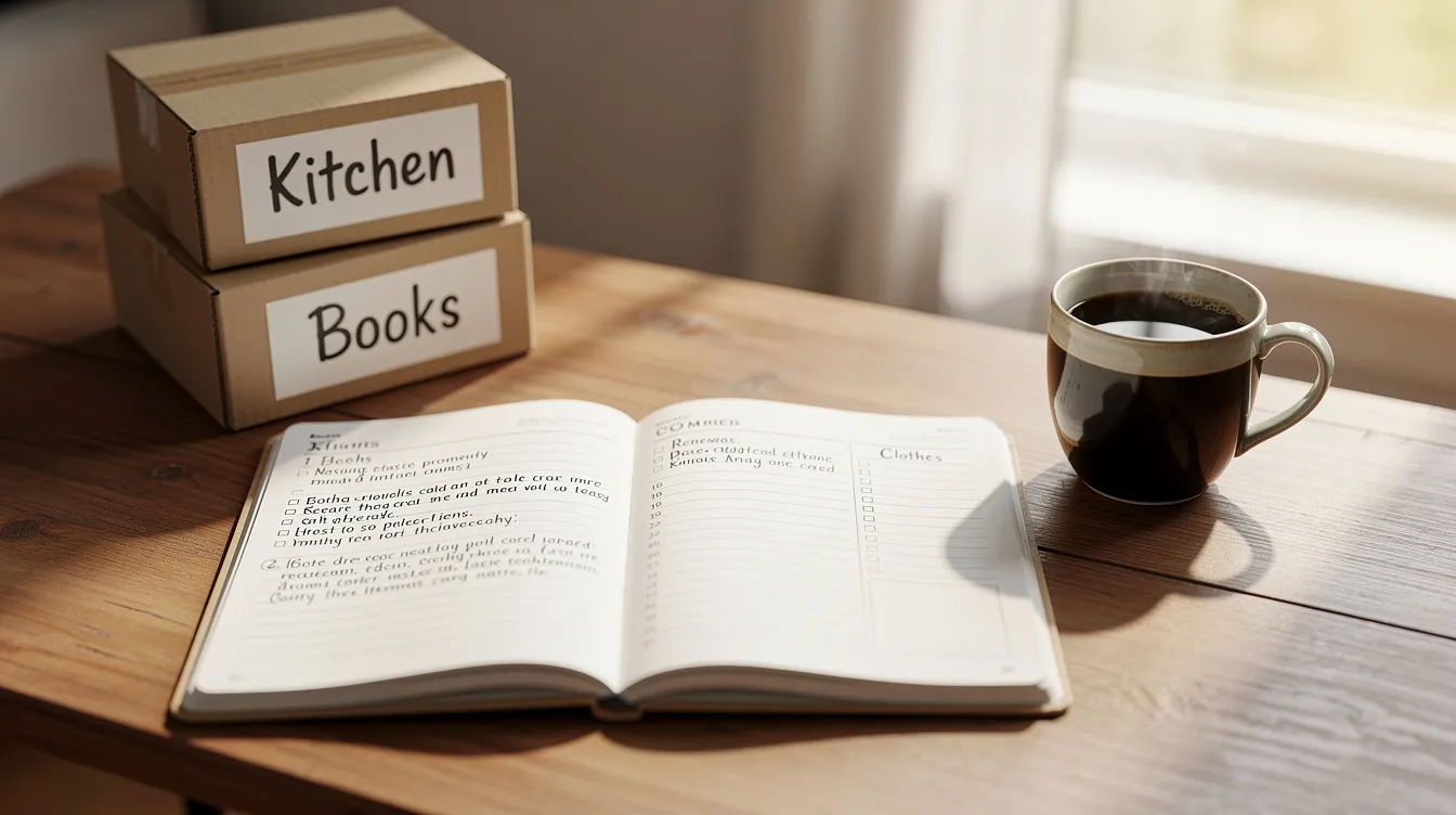 An open planner rests on a desk beside a steaming cup of coffee and a small stack of labeled moving boxes, symbolizing the organization needed to manage the stress of moving house. This scene reflects the importance of self-care and practical strategies to alleviate the emotional strain associated with significant life changes.
